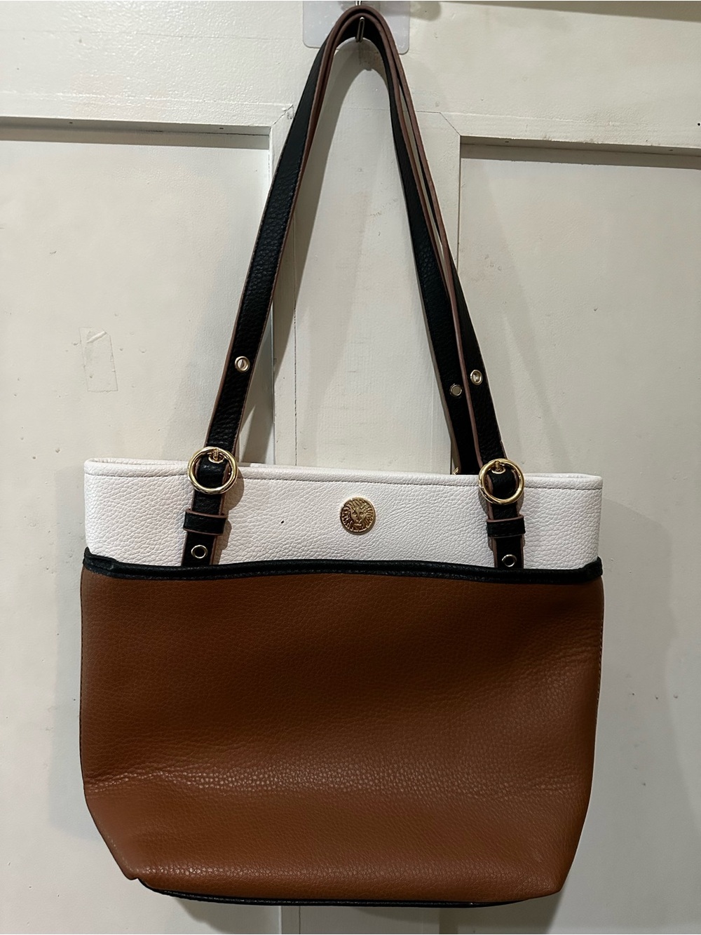 Anne Klein Brown and White Two-Tone Tote with Gold Accents